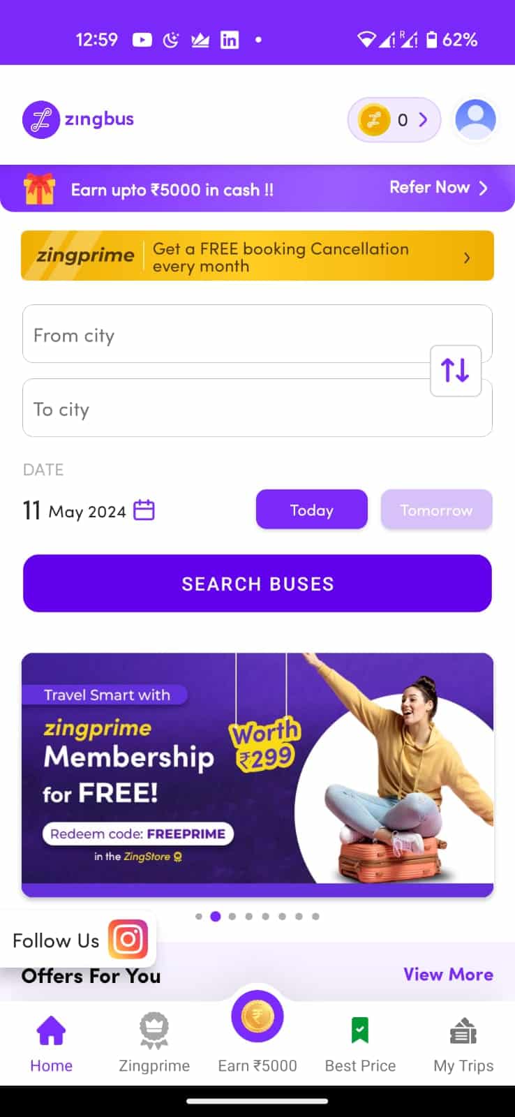 Zingbus Referral Code for ₹200 ZCash + up to ₹500 OFF on 1st Booking